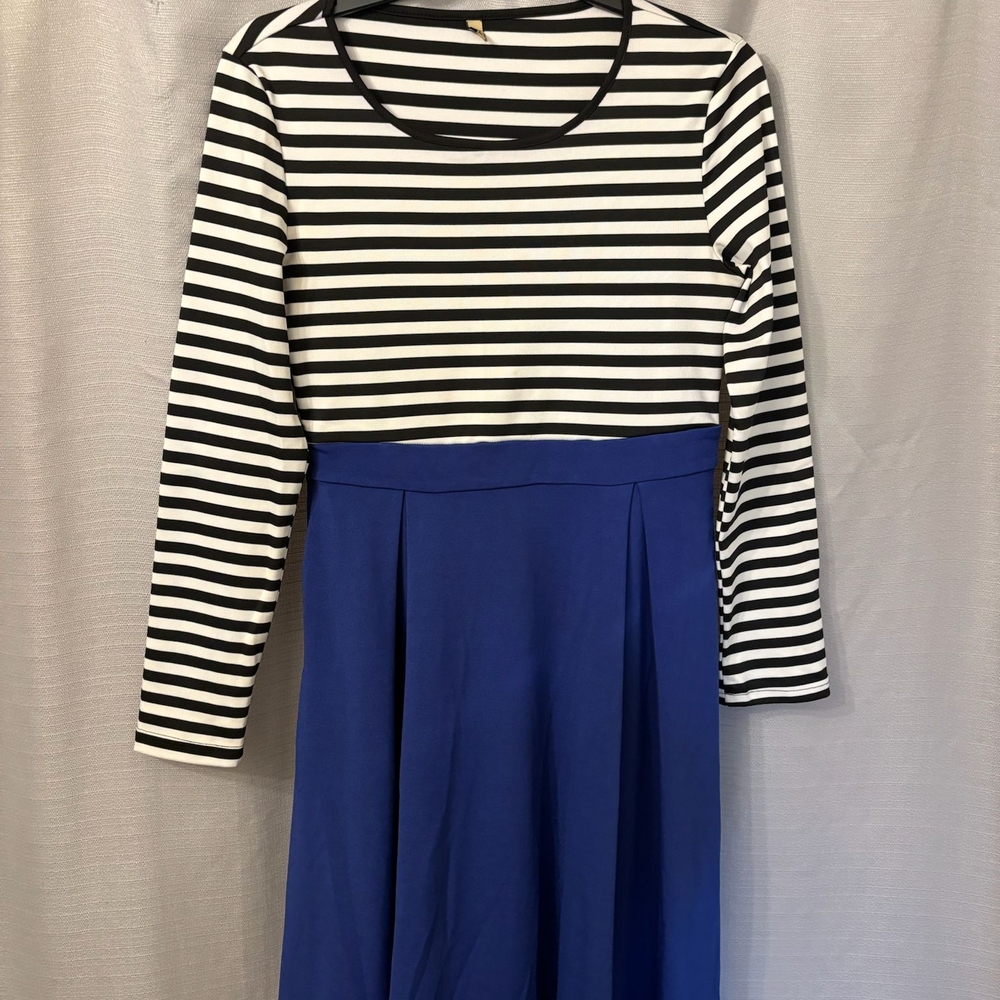 Striped Black and White Top with Blue Skirt Dress